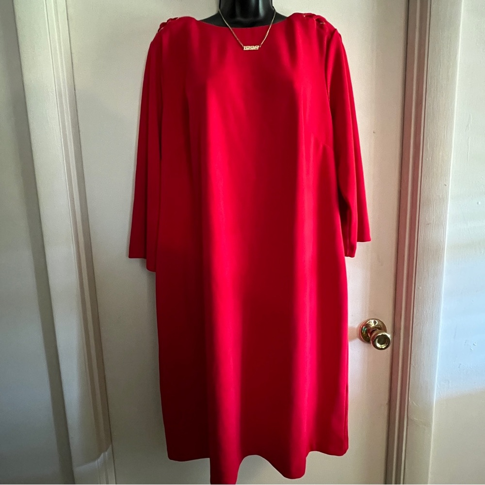 Sharagano Red Long Sleeve Dress 16W – Lace-Up Shoulder, Back Zip